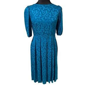 Vintage Saks Fifth Avenue 100% Silk Teal Jacquard Midi Dress Size 6 with Pockets